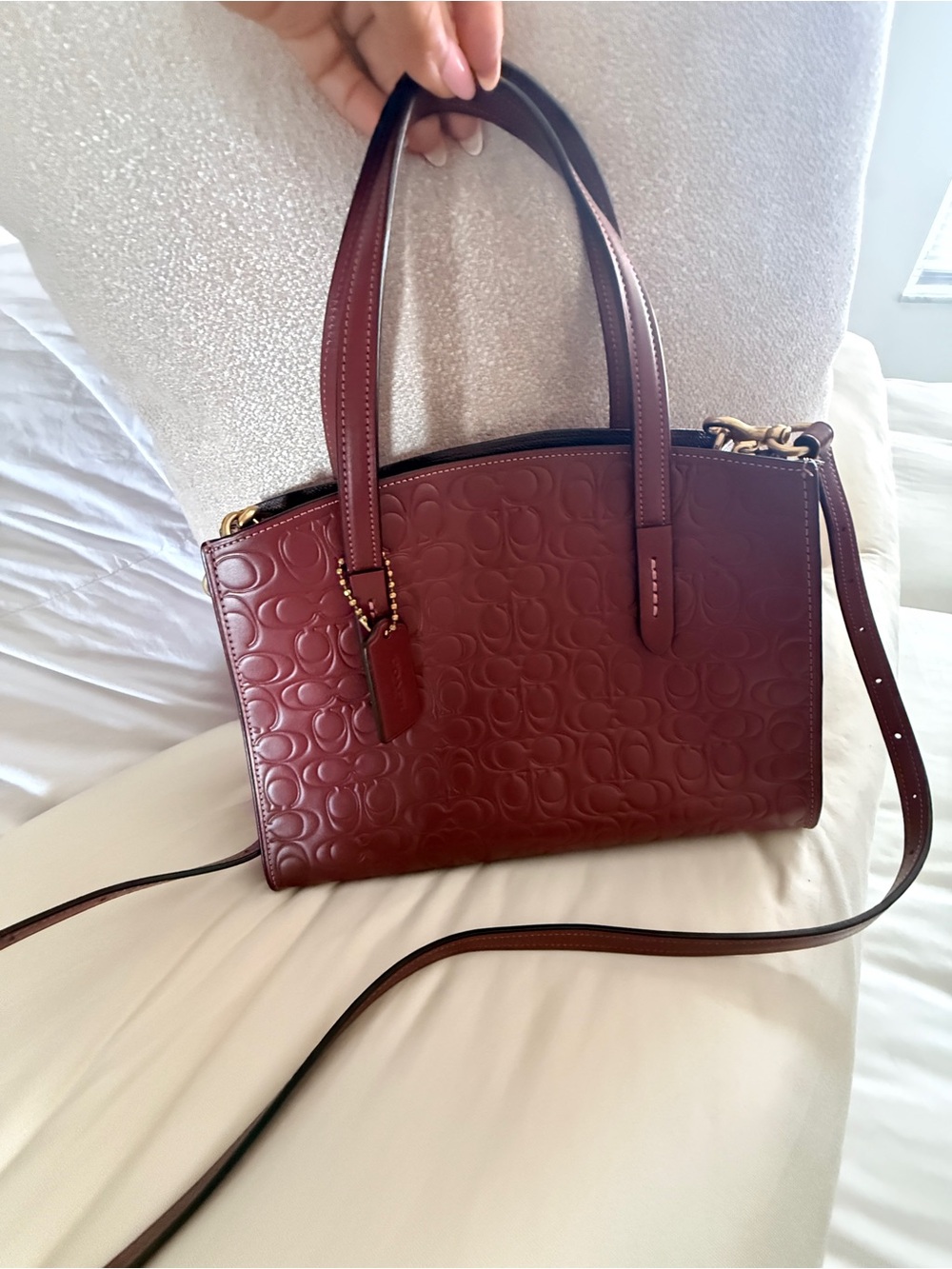 Coach Embossed Leather Satchel in Burgundy